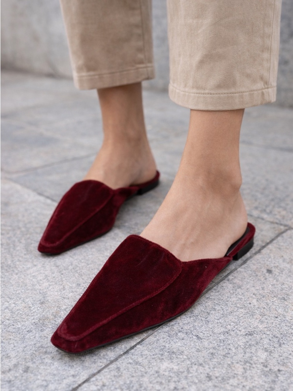Mystique Pointed Velvet Backless Mules in Burgundy
